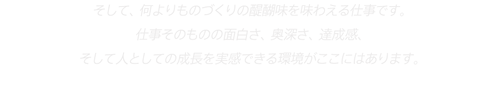 そして、何よりものづくりの醍醐味を味わえる仕事です。
仕事そのものの面白さ、奥深さ、達成感、
そして人としての成長を実感できる環境がここにはあります。